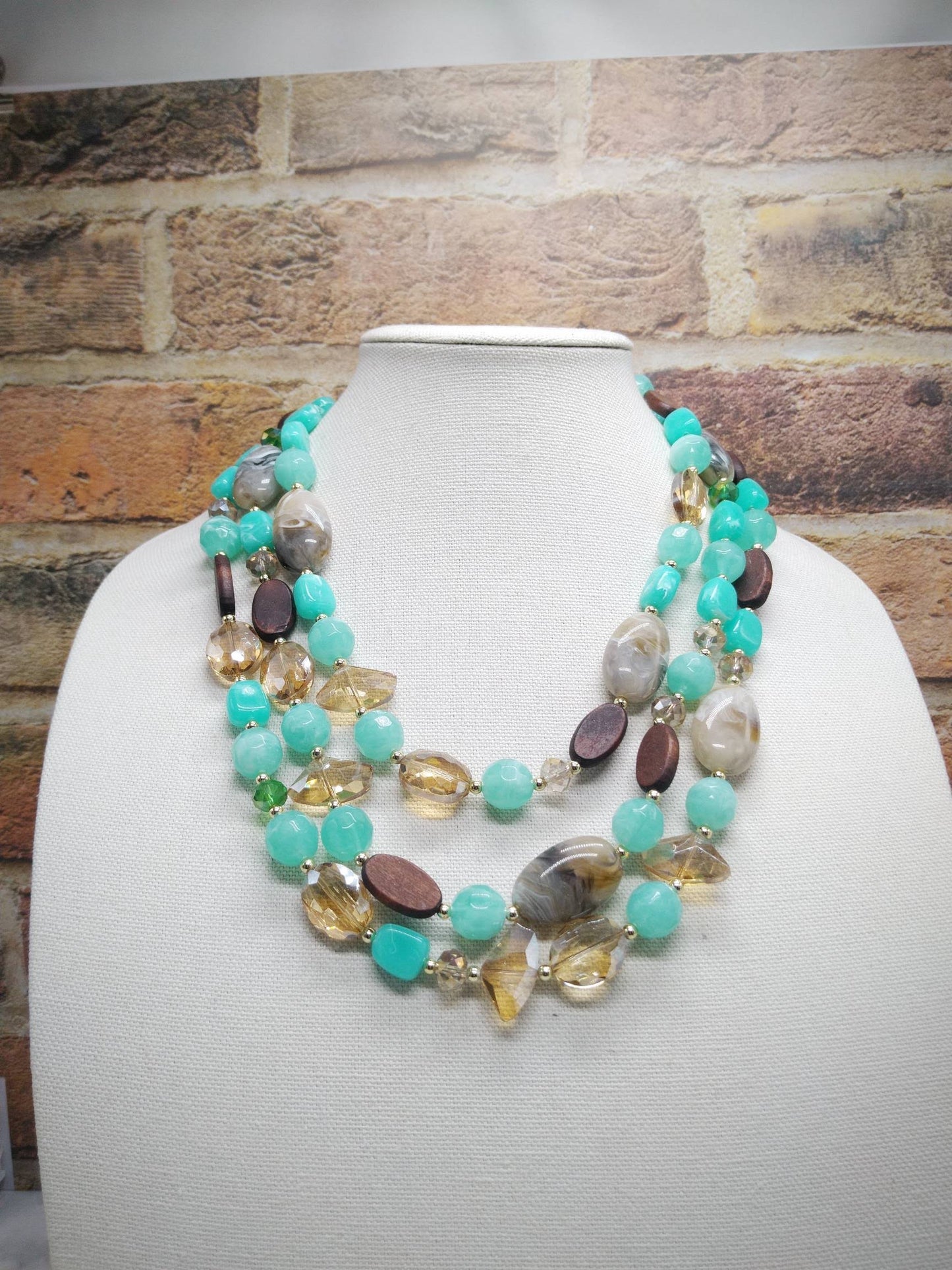 Boho Chic Triple Strand Beaded Statement Necklace – Aqua, Amber & Earthstone Jewelry