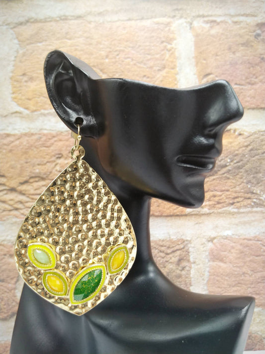 Golden Teardrop Statement Earrings – Green & Yellow Gem Accents