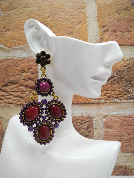 Vintage Glamour Statement Earrings – Bold Red & Purple Elegance