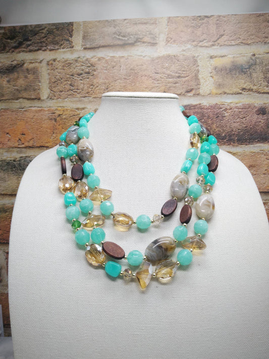 Boho Chic Triple Strand Beaded Statement Necklace – Aqua, Amber & Earthstone Jewelry